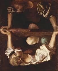 Narcissus gazes at his own reflection in the water by Caravaggio